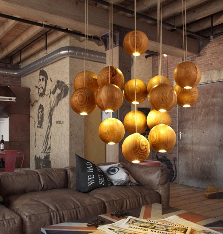 Wooden Orb Sphere Cluster Pendant Light