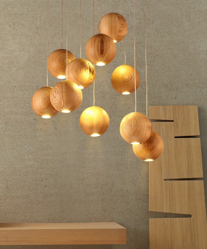 Wooden Orb Sphere Cluster Pendant Light