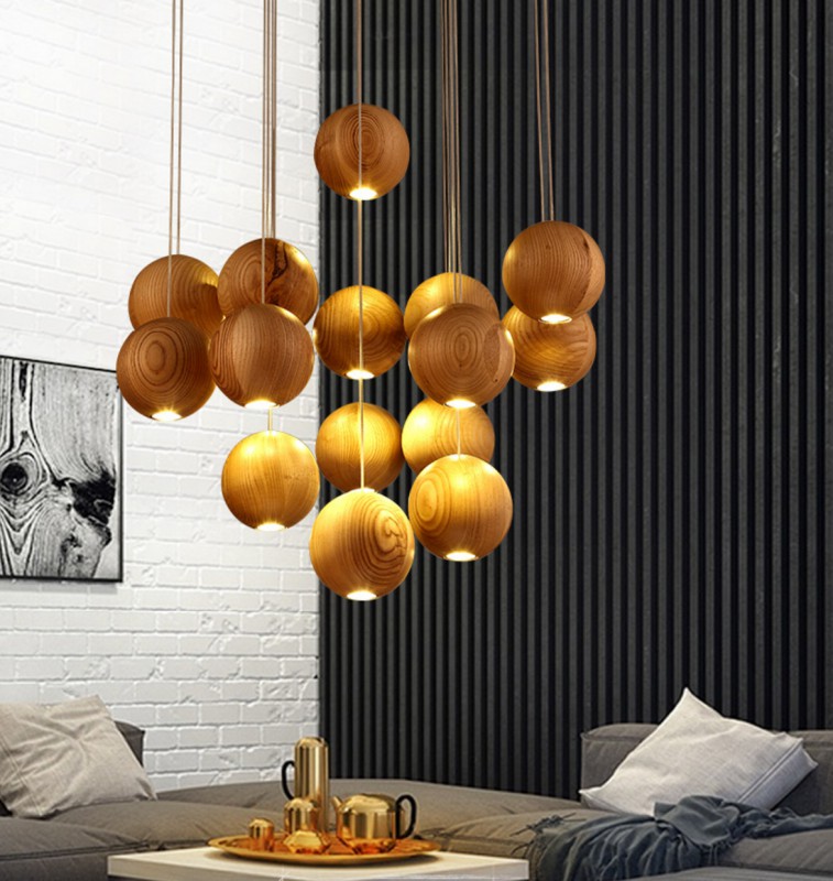 Wooden Orb Sphere Cluster Pendant Light