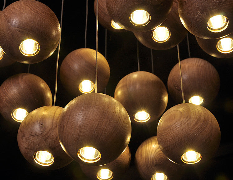 Wooden Orb Sphere Cluster Pendant Light
