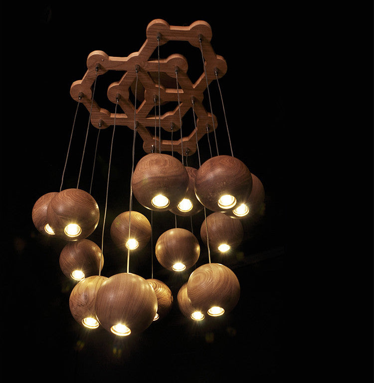 Wooden Orb Sphere Cluster Pendant Light