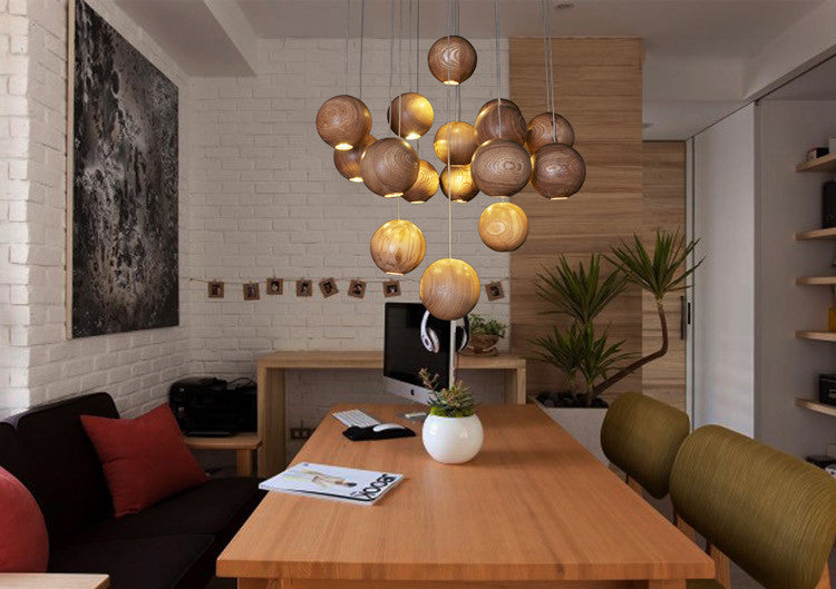 Wooden Orb Sphere Cluster Pendant Light
