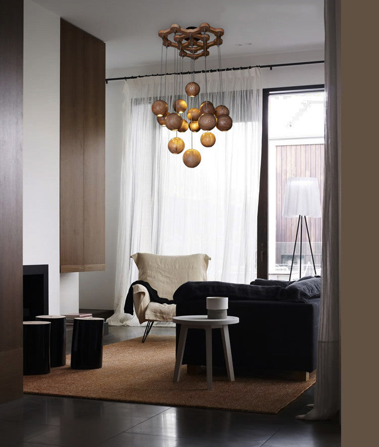 Wooden Orb Sphere Cluster Pendant Light