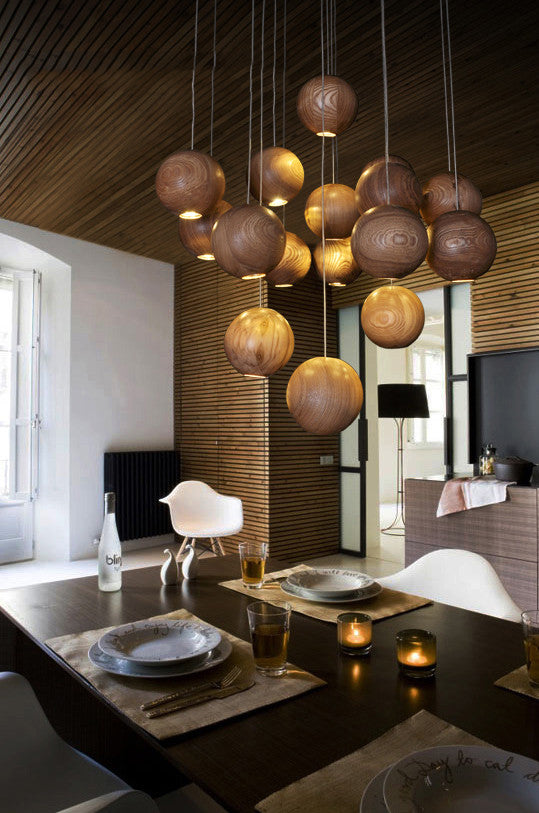 Wooden Orb Sphere Cluster Pendant Light