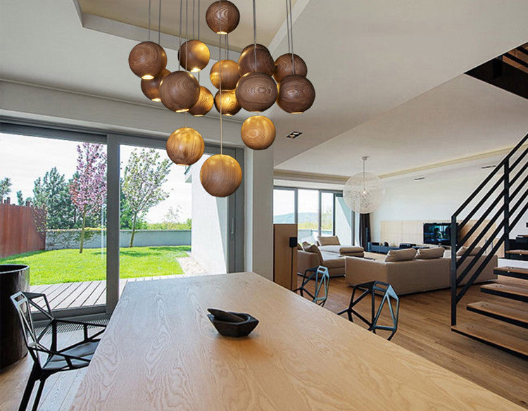 Wooden Orb Sphere Cluster Pendant Light