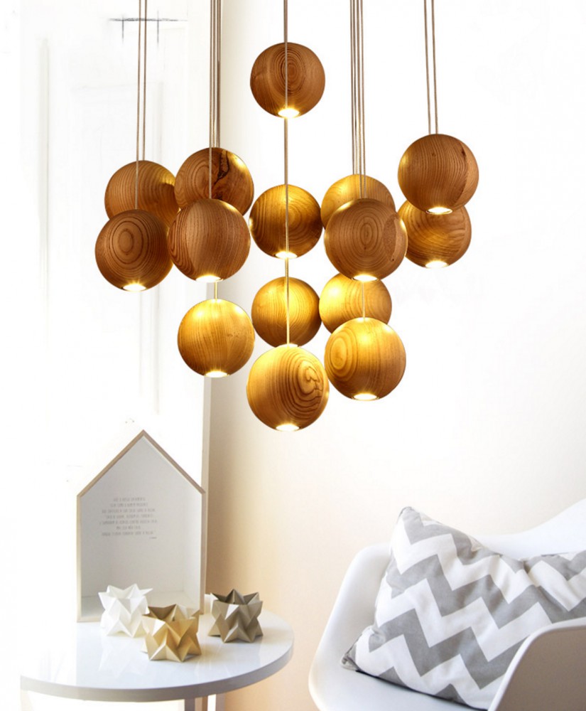 Wooden Orb Sphere Cluster Pendant Light