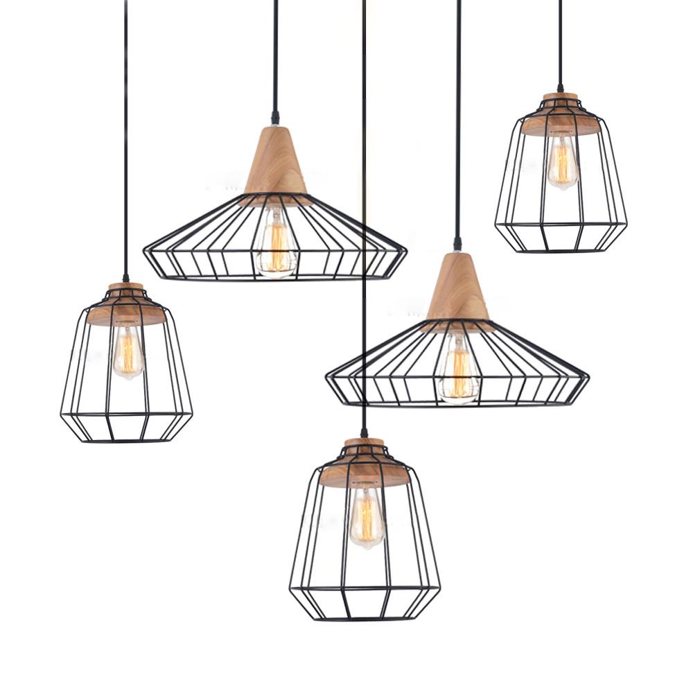 Sangkar Metal Cage Pendant Light With Wood Base. Scandinavian Styling Ceiling Light